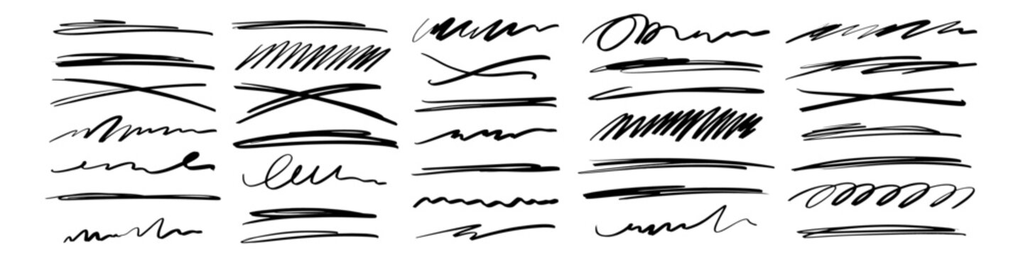 Grunge lines, scrawls, crayon scribbles, rough brush charcoal pen strokes, underlines strikethroughs. Bold doodle freehand shapes. Underline typography scribbles, crosses, curves. Vector illustration