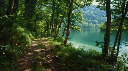 Fototapeta premium Hiking path with a view of green lake very detailed and realistic shape