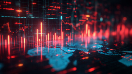 Digital world map with data visualization and glowing graphs, futuristic analytics and statistics concept