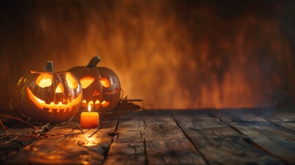 Halloween background, pumpkins with glowing eyes on abstract background, copy space, gloomy, atmospheric picture, postcard