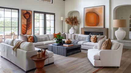 Modern living room with white sofa and accent pillows