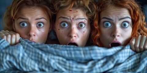 Obraz premium Three Women Hiding Under Blanket In Fear