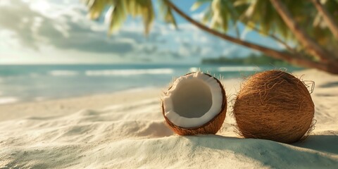 brown half cut coconut fruit on white sand beach calm peaceful sunny day, summer paradise background