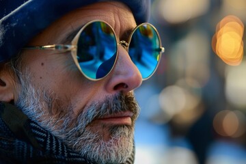 A close-up shot of a man in blue sunglasses looking off to the side