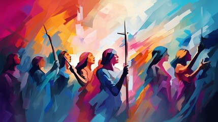 Vibrant Tribe of Women Warriors with Spears in Colorful Illustration