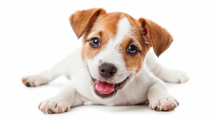 Happy brown and white puppy lying on white background