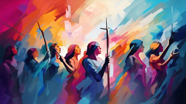 Vibrant Tribe of Women Warriors with Spears in Colorful Illustration