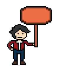 Cute pixel cartoon character man hold wooden sign wood board decoration 8 bit male with blank space sign wooden pixel game png vector.