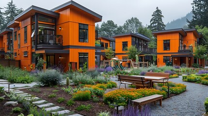 Obraz premium Real estate highlighting vibrant Community Housing project with a variety of residential units playgrounds and community gardens