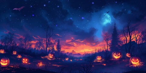 Fototapeta premium Jack-o-Lantern scarry smiling on ground way to the haunted mansion under full moon sky, illustration Halloween background, purple orange tone color