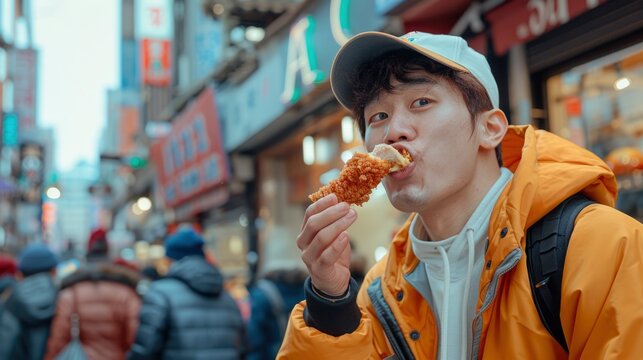 Young man savors delectable fried chicken on bustling urban street