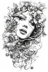 Monochrome Floral Woman Portrait Illustration