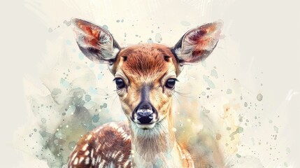 Graceful Watercolor Fawn Portrait with Splashes