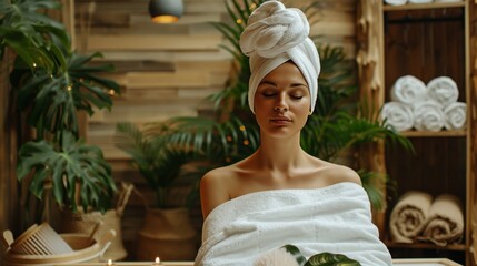 Serene Spa Day: Woman Relaxing with Towel Turban in Tranquil Setting