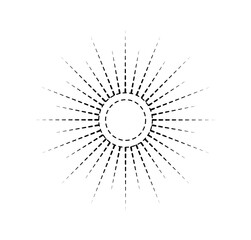 Minimalistic sun rays. Sunburst silhouette in bohemian style. Icon for website or emblem for company. Sparkles in cosmos sky. Linear vector illustration isolated on white background