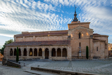 Side view of the monumental 12th century Romanesque church of San Millan in Segovia, Castilla y Leon, Spain, with evening light