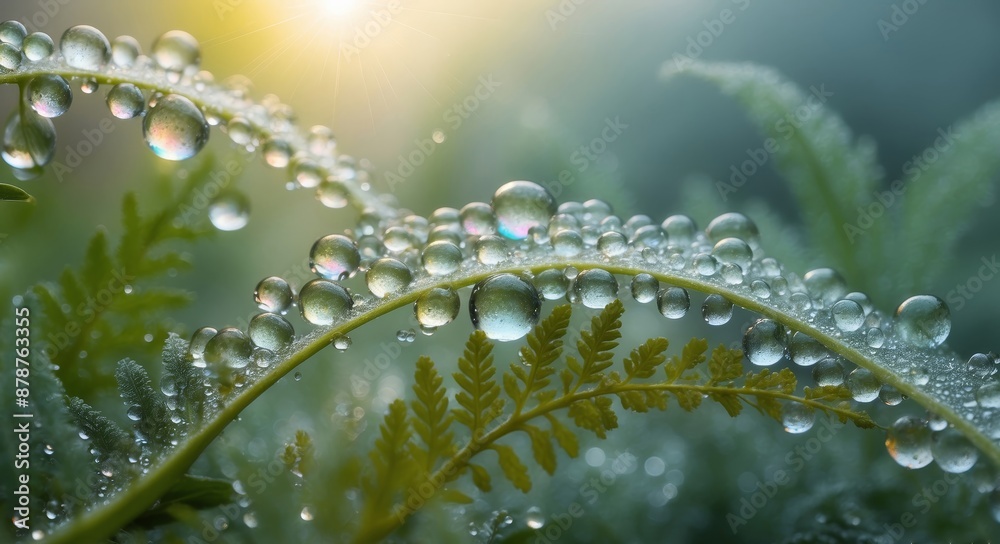 Canvas Prints Dewdrops glisten on a fern leaf in the morning sun