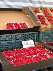Framboesas em caixas na feira livre europeia