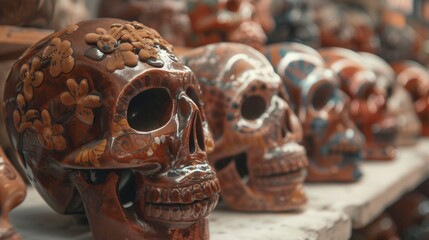 Decorated ceramic skulls on display at a mexican market