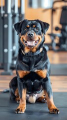 Obraz premium Cute Rottweiler dog with fitness tracker on gym equipment gymnasium background. Fitness exercise lifestyle concept