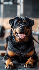 Cute Rottweiler dog with fitness tracker on gym equipment gymnasium background. Fitness exercise lifestyle concept