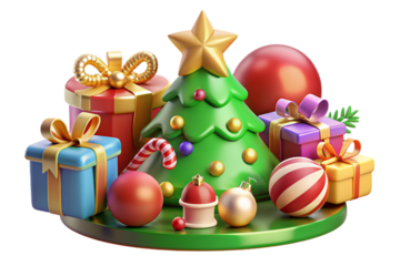 3D cartoon Christmas composition featuring candles, crosses, decor, toys, and geometric shapes in gold, crafted from plastic and plasticine, on a transparent background