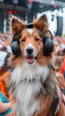 Fototapeta premium Cute Shetland Sheepdog dog with headphones on music festival crowd concert background. Music festival live event lifestyle concept