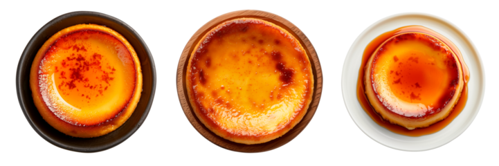 Set of flan in a plates isolated on a white or transparent background. Close-up of flan in a black, white and wooden plates, top view.