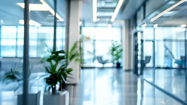 Modern office space: a bright corridor with glass partitions and minimalist design. Bright lighting and a plant create a professional atmosphere. The blurriness of the image emphasizes the dynamics.
