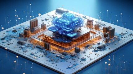 Futuristic Cityscape Built on a Circuit Board