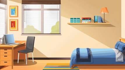 A simple bedroom interior with a desk, bed, and window