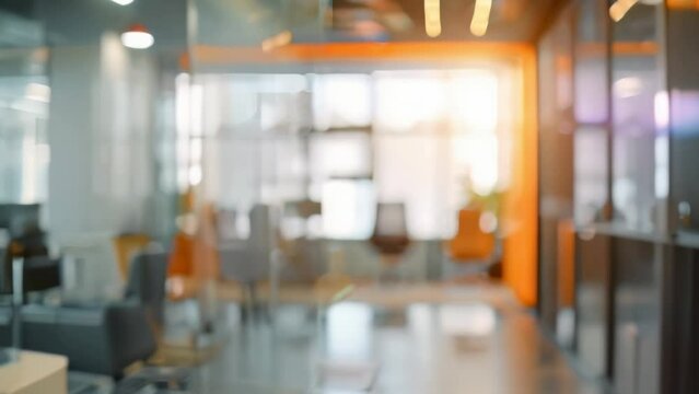Modern office space: a bright corridor with glass partitions and minimalist design. Bright lighting and a plant create a professional atmosphere. The blurriness of the image emphasizes the dynamics.