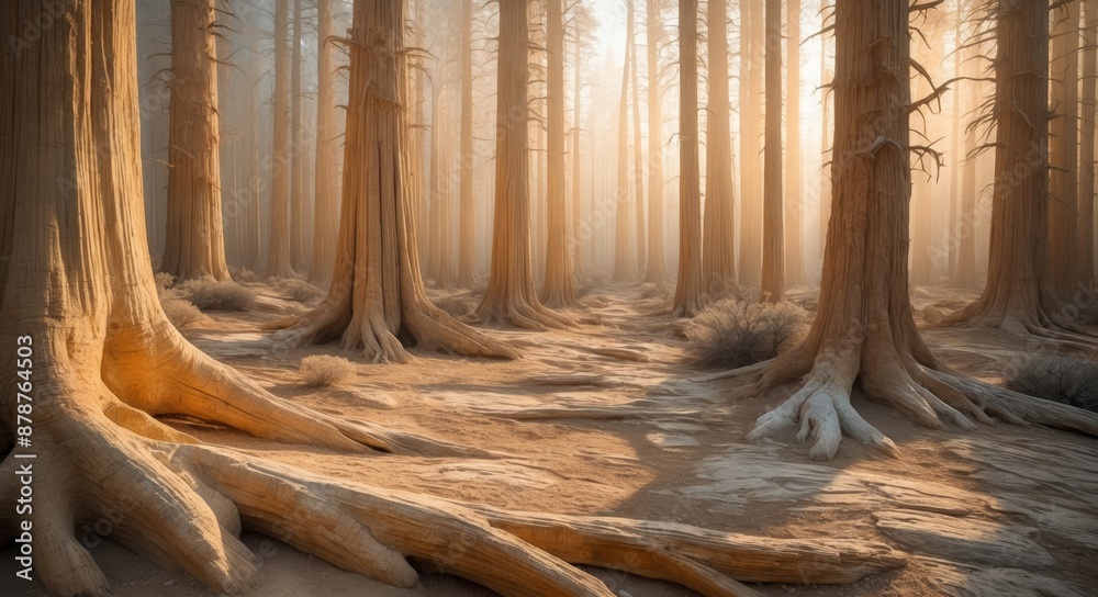 Poster Light filters through the mist in a California forest, showcasing sequoia tree roots