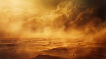 Dramatic golden sky above a sandy desert landscape