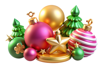 3D cartoon Christmas composition featuring candles, crosses, decor, toys, and geometric shapes in gold, crafted from plastic and plasticine, on a transparent background