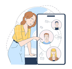 Chat with friends. Young girl with smartphone communicates in instant messengers and social networks. Online communication and interaction. Linear vector illustration isolated on white background