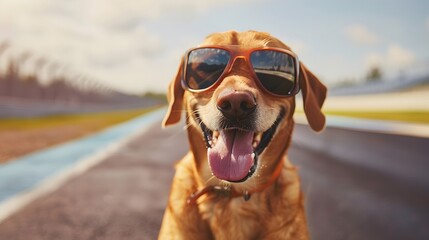 Cute Labrador Retriever dog with goggles on race track racing car background. Racing speed...