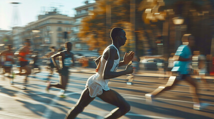 Athlete running a marathon through the city streets