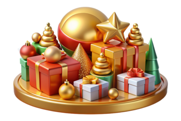 3D cartoon Christmas composition featuring candles, crosses, decor, toys, and geometric shapes in gold, crafted from plastic and plasticine, on a transparent background