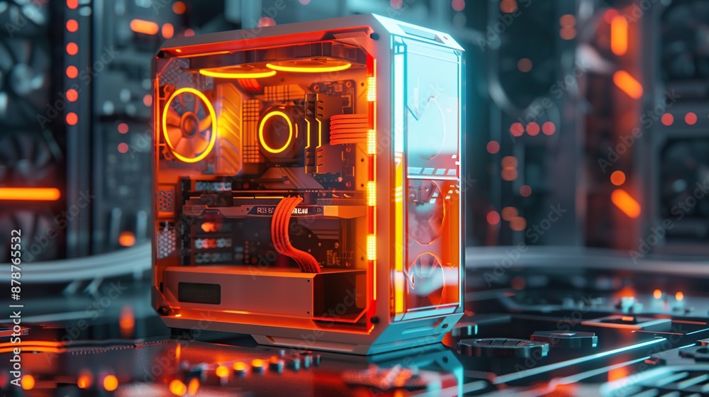 Aufkleber 3d render gaming PC case with intricate internal components and bright lights in dark futuristic.