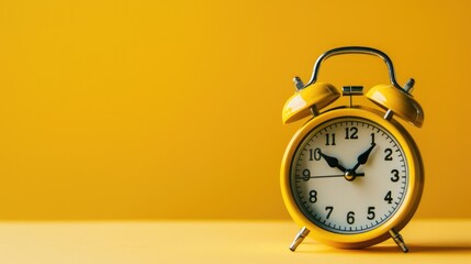 Vintage alarm clock with circular face on yellow backdrop blank area available