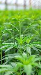Fototapeta premium A close-up shot of cannabis plants growing in a field, showcasing the vibrant green foliage and the intricate details of the leaves