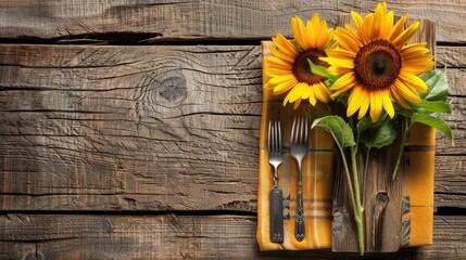 Sunflower on Rustic Wood Board Background for Summer Fall Picnic Place Setting with Copy Space