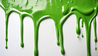 Vibrant green paint dripping on white background. Fresh bright paint flowing down. Abstract pattern.