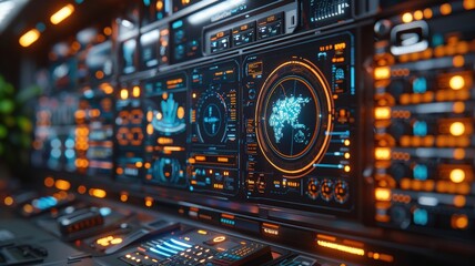 High-tech modern futuristic command center with digital interface showing data analysis on multiple screens and glowing blue orange graphicstechnology
