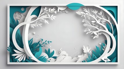 paper cut style easter greeting card border frame with waves, flowers, and trees, clouds, leaves. attractive colors, 3d, 2d