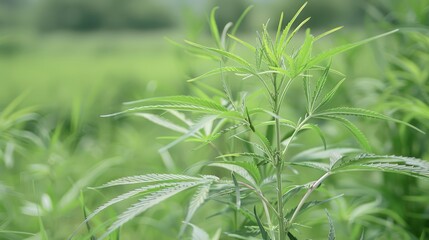 Naklejka premium A close-up shot of cannabis plants growing in a field, showcasing the vibrant green foliage and the intricate details of the leaves