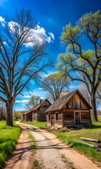 Old abandoned pioneer camp. Sunny spring day. Blue sky. Old buildings. Shabby road. Beautiful trees.