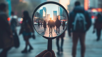 Close attention to people through magnifying glass chase and surveillance stalking concept