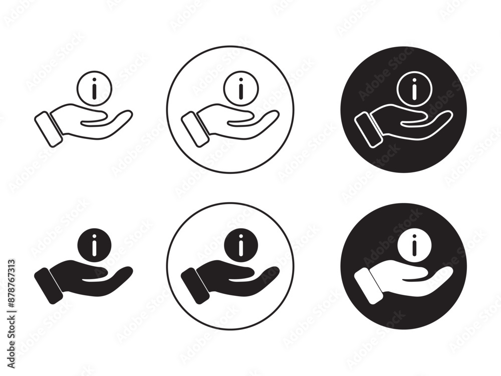 Poster hand with information icon set. black filled and outlined style. hand hint with finger pointed vecto